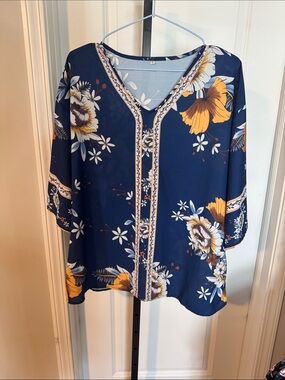 Women's Navy Floral V-Neck Tunic Top - Blue & Mustard